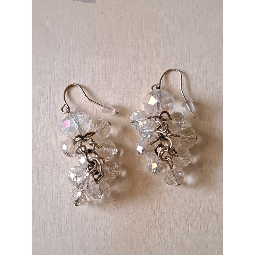 Clear Faceted Crystal Bead Cluster Drop Earrings Silver Tone French Hook Dangle